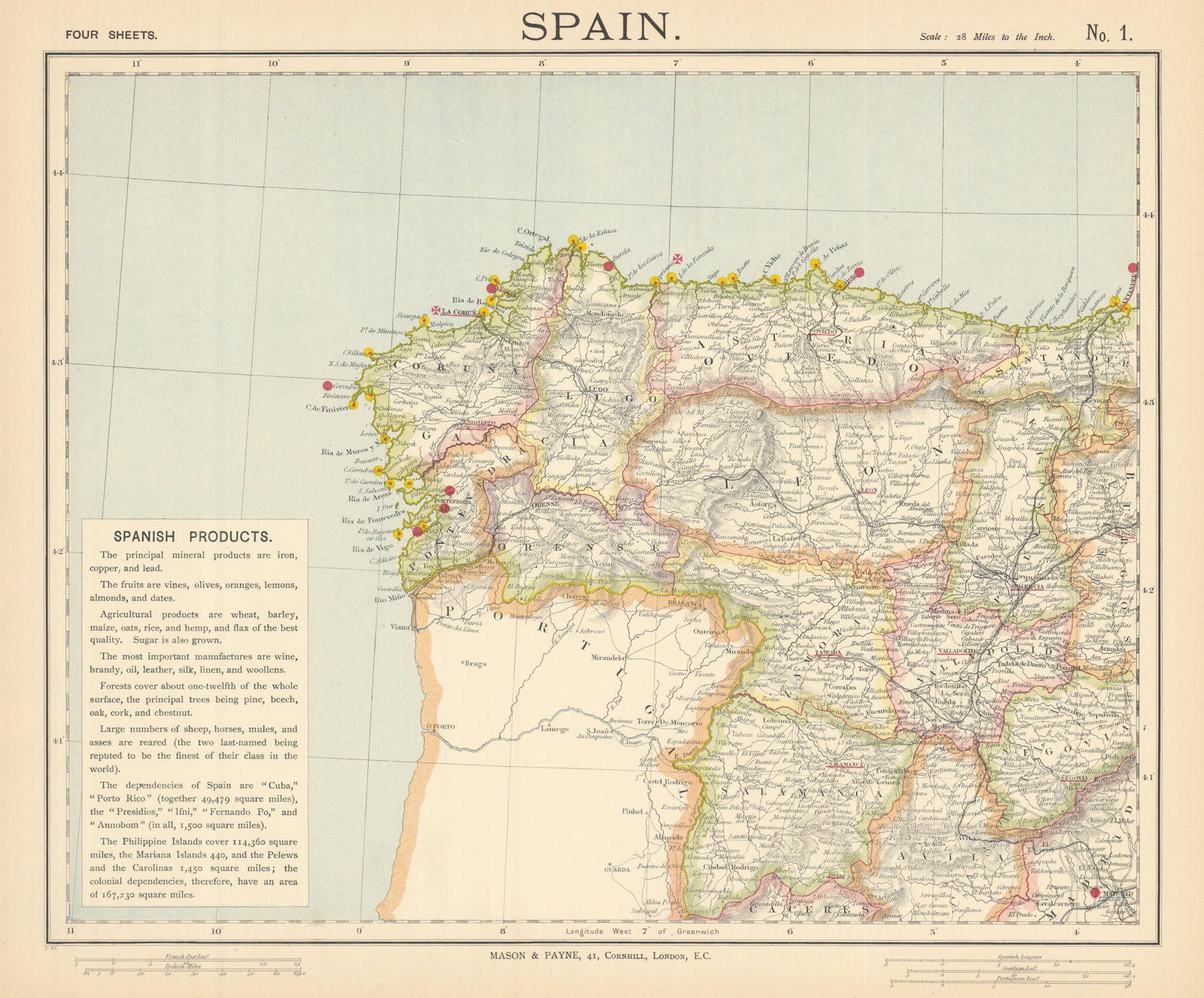 NORTHWEST SPAIN Railways & lighthouses. Galicia Leon Asturias. LETTS 1892 map